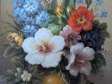 a painting of flowers in a vase on a table