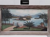 tableau représentant une vue sur un lac, avec des palmiers et des montagnes en arrière-plan