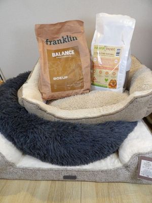 a dog bed with a bag of dog food and a bag of dog food on it