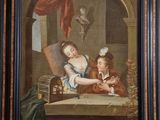 une peinture à l'huile représentant deux enfants jouant avec un chat sur une table