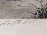a black and white drawing of a bird flying over a body of water