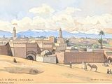 drawing of a view of a city with a bridge and a tower