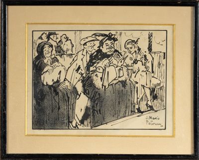 une image représentant un dessin d'un groupe de personnes assises sur un banc