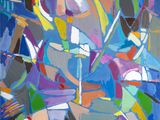 une peinture abstraite représentant un groupe de personnes dans une pièce bleue