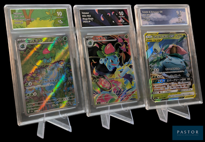 Quatre cartes Pokémon sont présentées dans des pochettes en plastique transparent sur un fond noir.