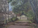 tableau représentant une rue avec un mur de pierre et des arbres