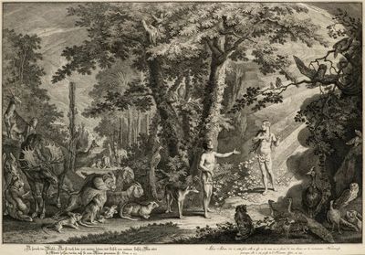 an old black and white drawing of a man standing in a wooded area
