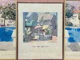 three framed paintings of a pool and a house in the background