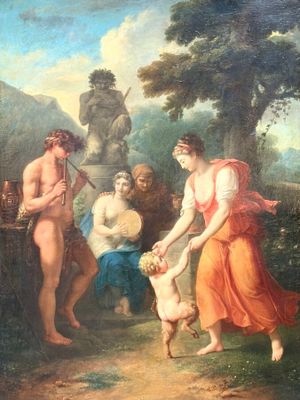une image représentant un tableau où l'on voit une femme tenant un bébé dans un parc