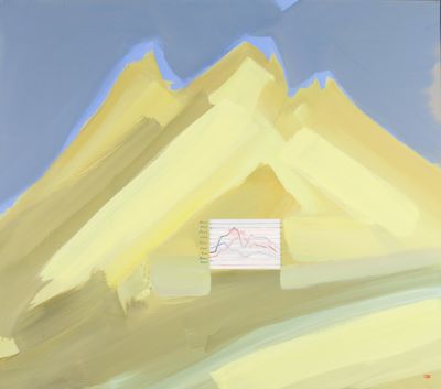an image of a painting of a yellow mountain with a blue sky in the background