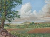 a painting of a tree in the middle of a field