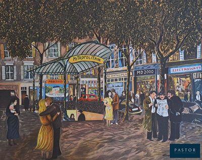 un tableau représentant une scène de rue avec des passants