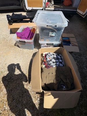 un homme en train de prendre une photo d'un carton de vêtements