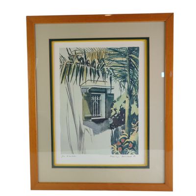 framed watercolor painting of a window and palm tree in a tropical setting