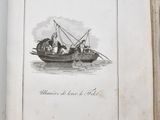 an open book with a drawing of a boat on the water