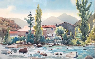 une aquarelle représentant une rivière avec une maison en arrière-plan