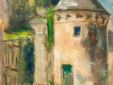 an image of a painting of a building with a tower