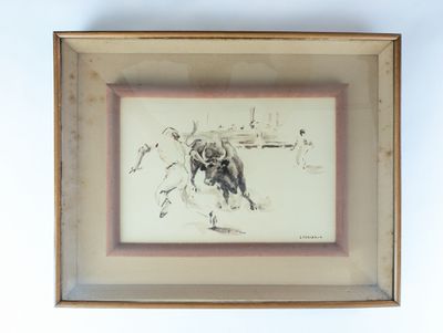 framed drawing of a bull running in a field with a man in the background