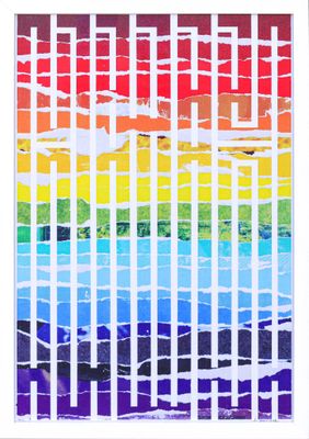 an abstract painting of a rainbow and blue sky with a white frame
