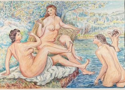 tableau représentant trois nus assis sur un rocher au bord d'une rivière