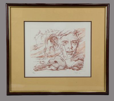 framed drawing of a man and a woman laying on the ground