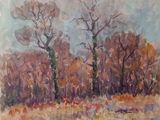 an oil painting of a field with trees in the background