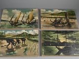 four paintings of boats and people on a beach with a sky background