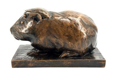 bronze sculpture of a guinea on a marble base on a white background