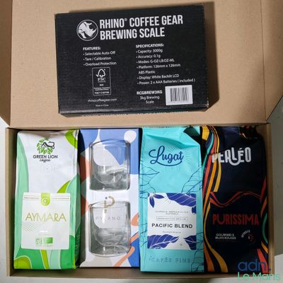 a box of coffee that is sitting on a table