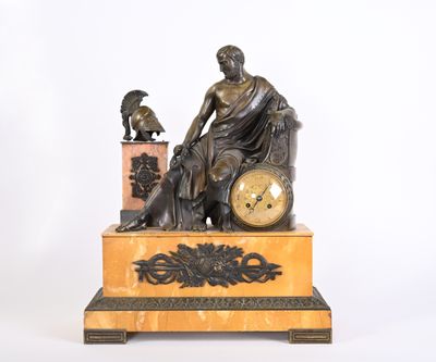 a statue of a man sitting on a clock with a bird on top of it