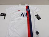 a close up of a white shirt with a red and blue stripe on it