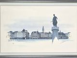 painting of a statue in front of a cityscape with buildings in the background