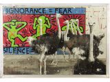 painting of two ostriches in front of a graffiti covered wall