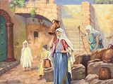 a painting of a woman and two children in a courtyard