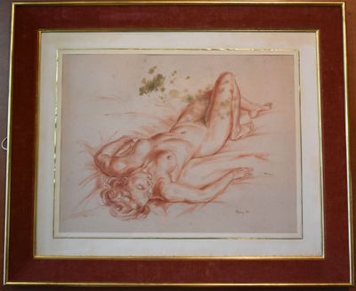 tableau représentant une femme nue allongée sur le dos, dans un cadre rouge