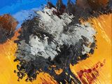 une peinture à l'huile représentant un arbre solitaire dans un champ de coquelicots