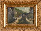 an image of a painting of a house on a mountain side