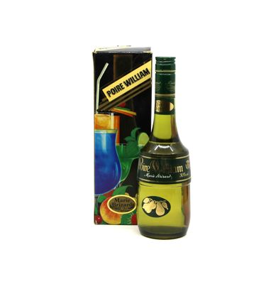 a bottle of alcohol next to a box of fruit