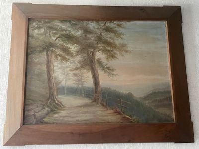 peinture à l'huile encadrée représentant une route de campagne bordée d'arbres et d'une clôture