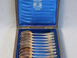six spoons in a wooden box with a blue cover