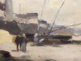 a painting of a boat on the beach with people standing near it