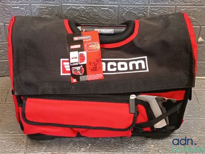 a red and black bag with a black and white logo