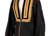 a black jacket with yellow and black stripes on it
