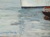 a painting of a boat in the water with a sailboat in the background