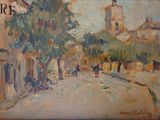 une peinture à l'huile représentant une scène de rue avec une église à l'arrière-plan