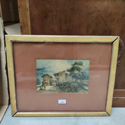 aquarelle encadrée représentant une scène de vie à la ferme, dans un cadre en bois