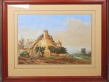 un tableau représentant une scène de vie à la ferme avec un moulin à vent en arrière-plan
