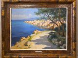 une peinture à l'huile représentant un sentier menant à l'océan, parsemé de rochers et d'arbres