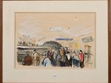 painting of a group of people waiting for a train at a station