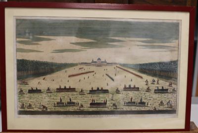 painting of a view of a city from a distance with boats in the foreground